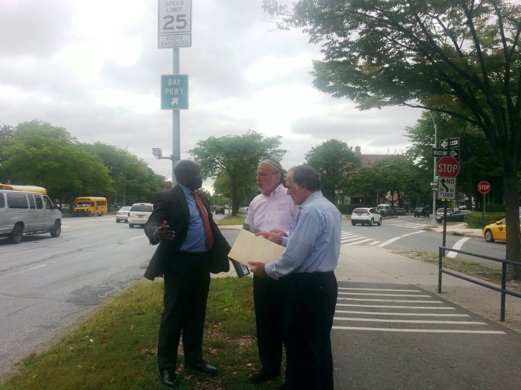 NYC DOT Brooklyn Borough Commissioner Keith Bray and Assemblyman Dov Hikind (D-Brooklyn) meet at the intersection of Ocean Parkway and Bay Parkway to discuss safety improvements to the dangerous intersection.